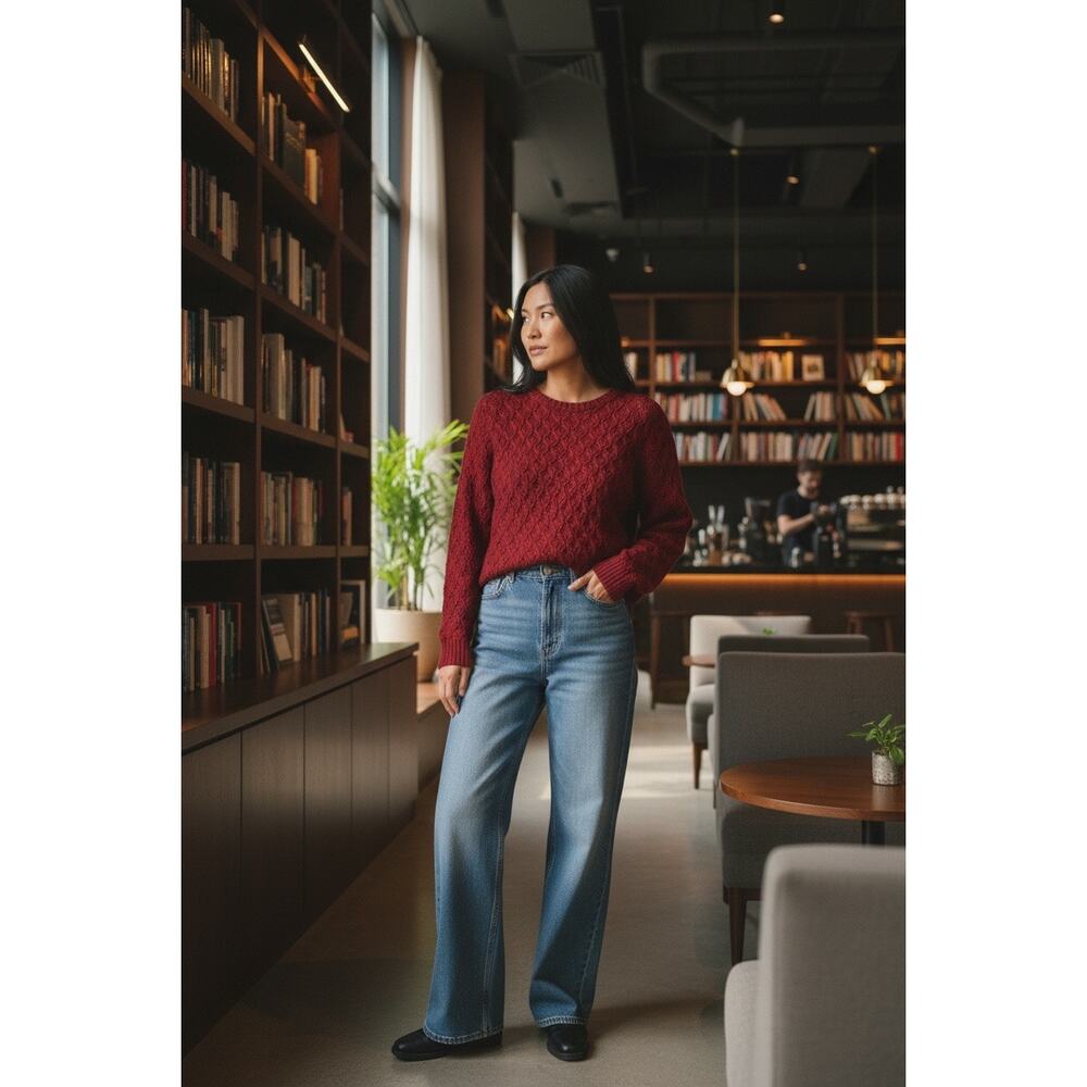 Vintage Red Cable Knit Sweater – Medium Cozy Luxe Cotton Pullover Retro